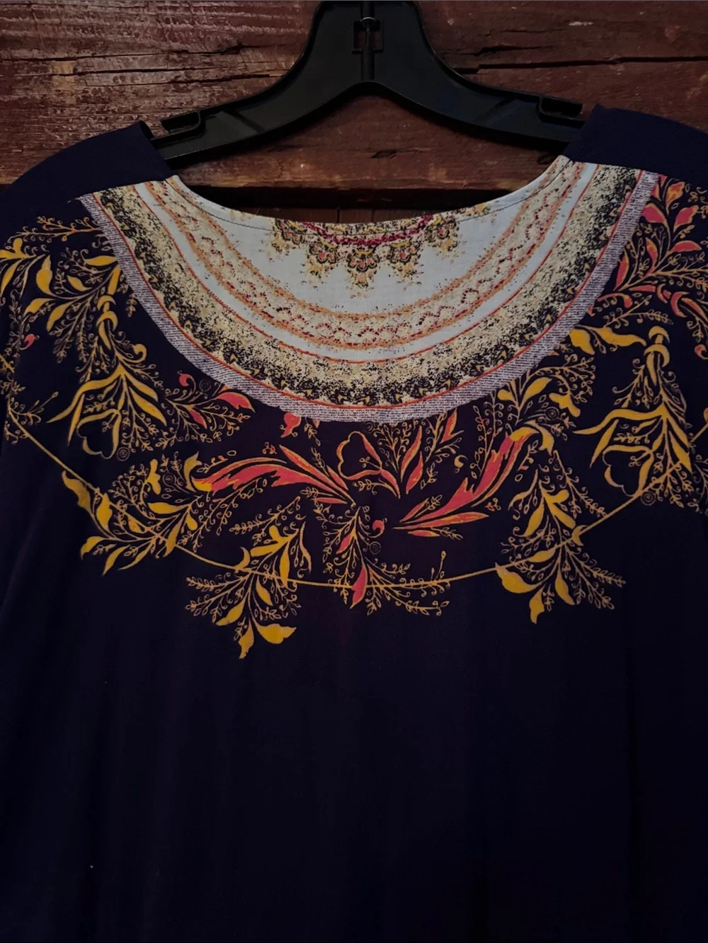 Free People navy print deep V neck gathered ruffle sleeve flowy boho top. Medium